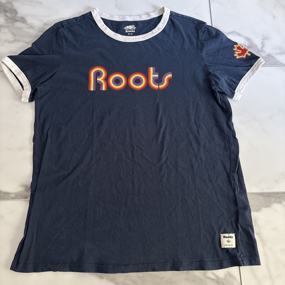Roots Canada Womens Medium Navy Blue Ringer Tee Retro Rainbow Logo Maple Leaf